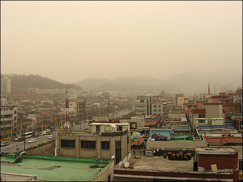 옥상에서 바라본 우리 동네, 뿌옇다. 